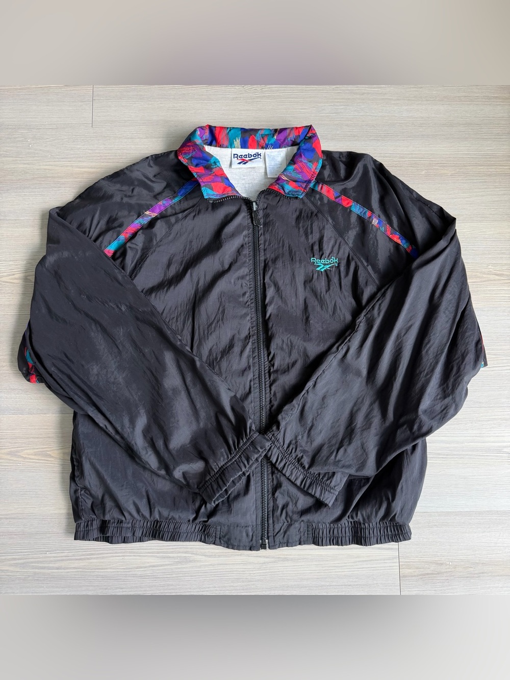 Vintage 90s Reebok Windbreaker Jacket Black Colorful Lining Sz M Retro